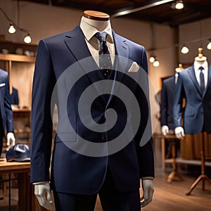 Tailored men\'s suits modeled on mannequin in tailor shop atelier