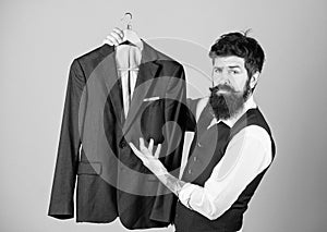 Tailored suit concept. Fashion for business people. Custom made suit. Man bearded fashion couturier tailor. Elegant