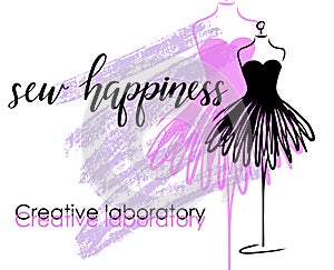 Tailoring emblem with mannequin or dummy and banner with lettering sew happiness. Fashion and tailoring logo design. Vector