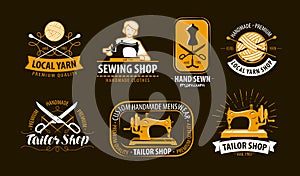 Tailoring, tailor shop logo or label. Atelier, knitting symbol set. Vector illustration