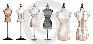 Tailors mannequins. Isolated mannequin for tailor or fashion design workshop. Sewing equipments, clothes design hobby