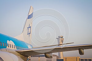 Tailplane of an airplane with a drawing of the Israeli flag and