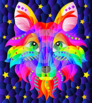 tained Sglass illustration with a portrait of an abstract bright fox, an animal on a blue background