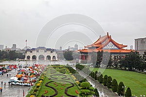 Taipei, Taiwan - October 12, 2018: The National Theater and National Concert Hall at Chiang Kai Shek memorial hall. In the rainy
