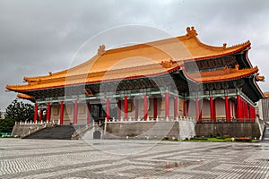 Taipei, Taiwan - October 12, 2018: The National Theater and National Concert Hall at Chiang Kai Shek memorial hall. In the rainy