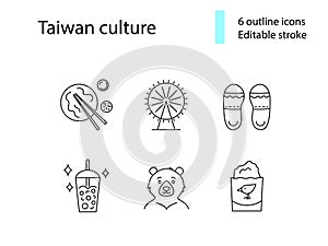 Taiwan culture outline icons set. Ferris wheel. Taiwanes slippers. Editable stroke. Isolated vector stock illustration photo