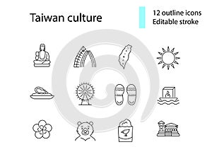 Taiwan culture outline icons set. Taiwanes attractions. Buddha, formosan. Editable stroke. Isolated vector illustration photo