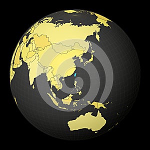 Taiwan on dark globe with yellow world map.