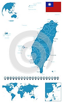 Taiwan - detailed blue country map with cities, regions, location on world map and globe. Infographic icons