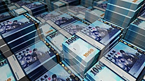 Taiwan Dollar 1000 banknote packs - flying over TWD money stack