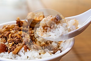 Taiwan famous food - Braised pork and fried tofu on rice. Soy-stewed pork rice, Taiwan Delicacies