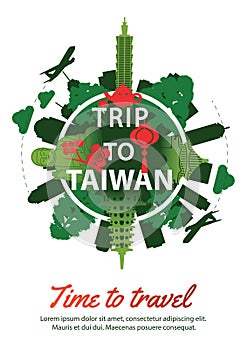 Taiwan famous landmark silhouette style around text,green and red color design,travel and tourism