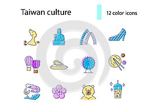 Taiwan flat icons set. Taiwanes attractions. Bubble tea and noodles. Isolated vector stock illustration