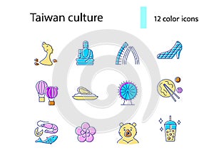 Taiwan flat icons set. Taiwanes attractions. Bubble tea and noodles. Isolated vector stock illustration photo