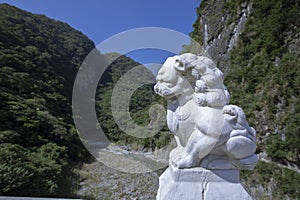 Taiwan, Hualien, Taroko, Sand Card Walk, Bridge Pier, Stone Carving Lion