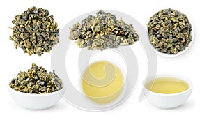 Taiwan Jin Xuan Oolong, collection of loose leaves and bowls of brewed oolong tea isolated on white