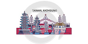 Taiwan, Kaohsiung tourism landmarks, vector city travel illustration