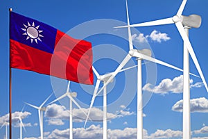 Taiwan Province of China alternative energy, wind energy industrial concept with windmills and flag industrial illustration -