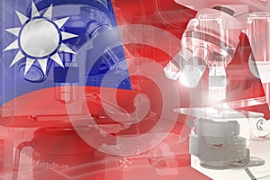 Taiwan Province of China science development conceptual background - microscope on flag. Research in nanotechnology or