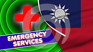 Taiwan Realistic Flag with Emergency Services Title Fabric Texture 3D Illustration