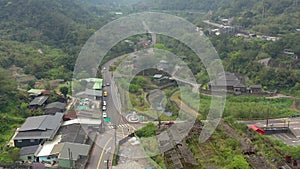 TAIWAN, RUEIFANG - MAY, 2023: Aerial drone of old town Rueifang, famous landmark tourist village on the mountain