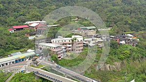 TAIWAN, RUEIFANG - MAY, 2023: Aerial drone of old town Rueifang, famous landmark tourist village on the mountain