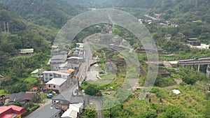 TAIWAN, RUEIFANG - MAY, 2023: Aerial drone of old town Rueifang, famous landmark tourist village on the mountain