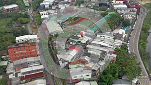 TAIWAN, RUEIFANG - MAY, 2023: Aerial drone of old town Rueifang, famous landmark tourist village on the mountain