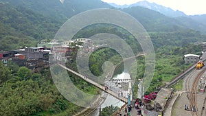 TAIWAN, RUEIFANG - MAY, 2023: Aerial drone of old town Rueifang, famous landmark tourist village on the mountain