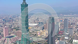 TAIWAN, TAIPEI - MAY, 2023: Aerial drone view of downtown city centre, with 101 Tower among crowded buildings in Xinyi