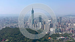 TAIWAN, TAIPEI - MAY, 2023: Aerial drone view of downtown city centre, with 101 Tower among crowded buildings in Xinyi