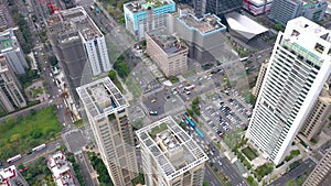 TAIWAN, TAIPEI - MAY, 2023: Aerial drone view of downtown city centre, with 101 Tower among crowded buildings in Xinyi