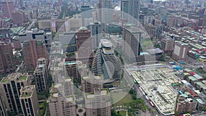 TAIWAN, TAIPEI - MAY, 2023: Aerial drone view of downtown city centre, with 101 Tower among crowded buildings in Xinyi