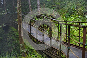 Taiwan, Yilan County, Taiping Mountain, Jianqing Ancient Road, trail, bridge crossing the river