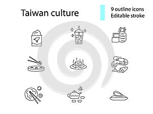 Taiwanes national food outline icons set. Taiwanese bubble milk tea. Editable stroke. Isolated vector stock illustration photo