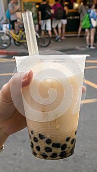 Taiwanese bubble tea drink (pearl milk tea) at food street market