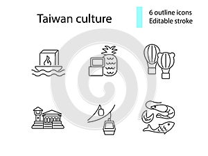 Taiwanes customs outline icons set. Asian attractions. Oriental specialty. Editable stroke. Isolated vector illustration photo