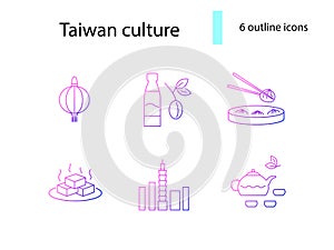 Taiwanese customs outline icons set. Asian attractions. Plum wine. Isolated vector stock illustration photo