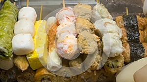 Taiwanese oden meat balls on stick at food street night market