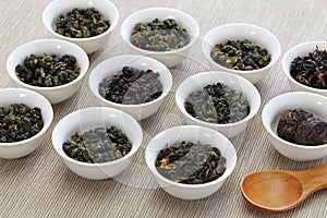 Taiwanese tea assortment : oolong tea, iron goddess tea, pu-erh tea