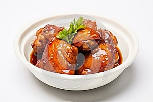 Taiwanese traditional food pork knuckle in a white bowl with golden line for Chinese Lunar New Year meal on white