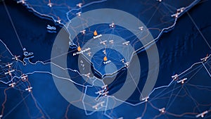 Taizz map big data visualization. Futuristic map infographic of city in Yemen. Visual map data complexity in modern blue