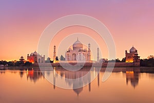 Taj Mahal in Agra, India on sunset