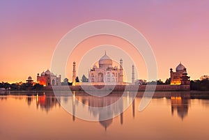 Taj Mahal in Agra, India on sunset
