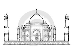 Taj Mahal, Agra, Uttar Pradesh, India: Landmark Vector Illustration Hand Drawn Cartoon Art