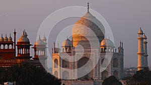 Taj Mahal In Agra, Uttar Pradesh, India. Sunset Dusk Timelapse Of Taj Mahal. Seven World Wonders. Fabulous Taj Mahal