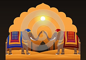 Taj Mahal and Decorated Indian Elephants