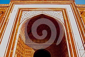 Taj Mahal. Entrance gate made of red brick. Agra, India