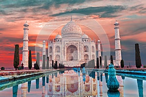 Taj Mahal famous marble mausoleum at sunset, Agra, India