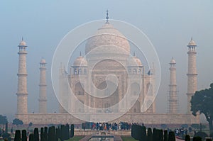 Taj Mahal in the fog early morning